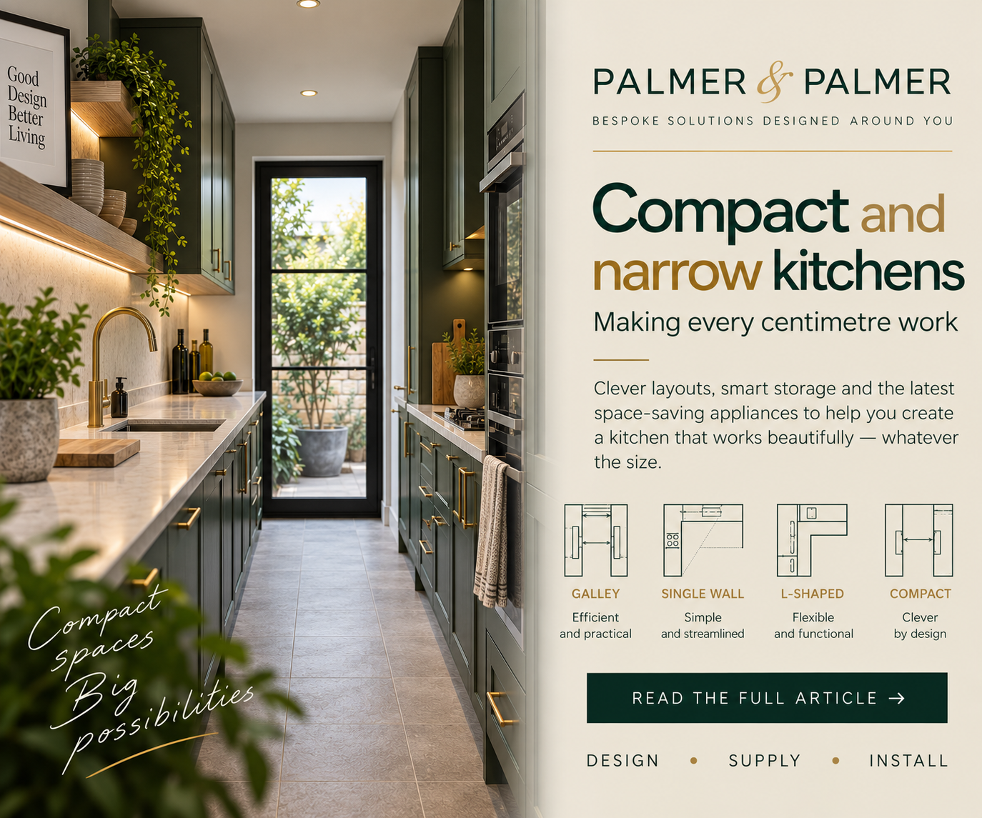 Small narrow kitchen design with galley layout and space-saving storage